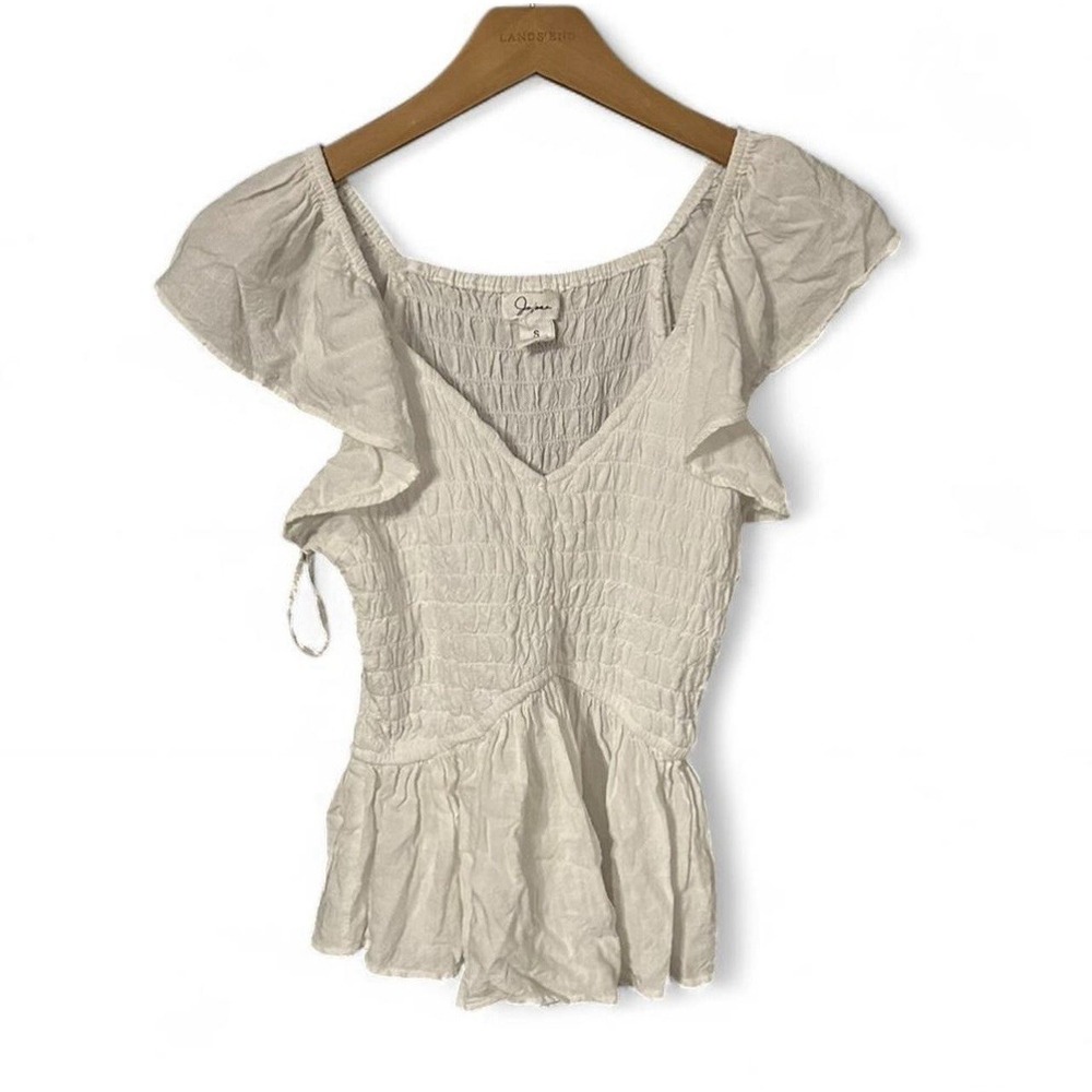 White Ribbed Smocked Ruffle Top Women's Size Small Stretchy Sleeveless